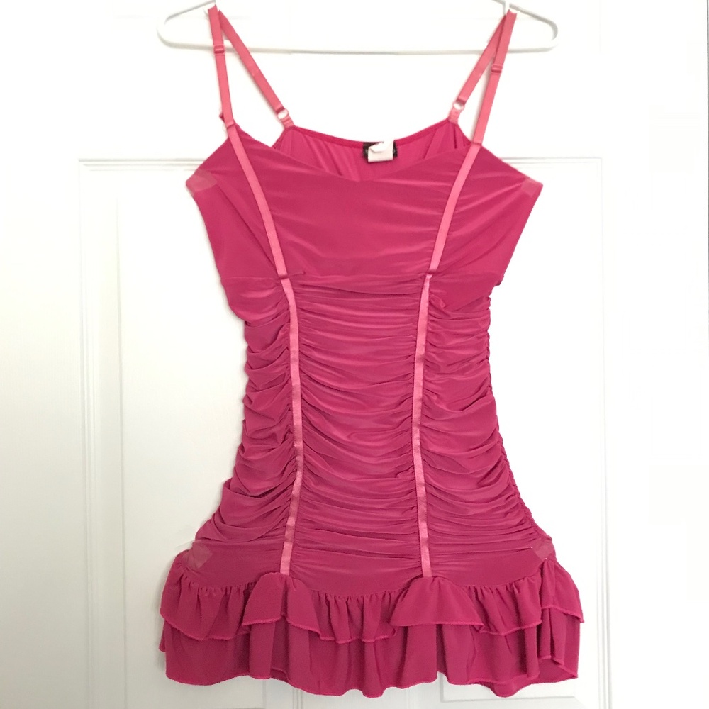 Rare Y2K Seduction Ruched Spaghetti Strap Top S Fit Ruffle Hem Magenta Pink